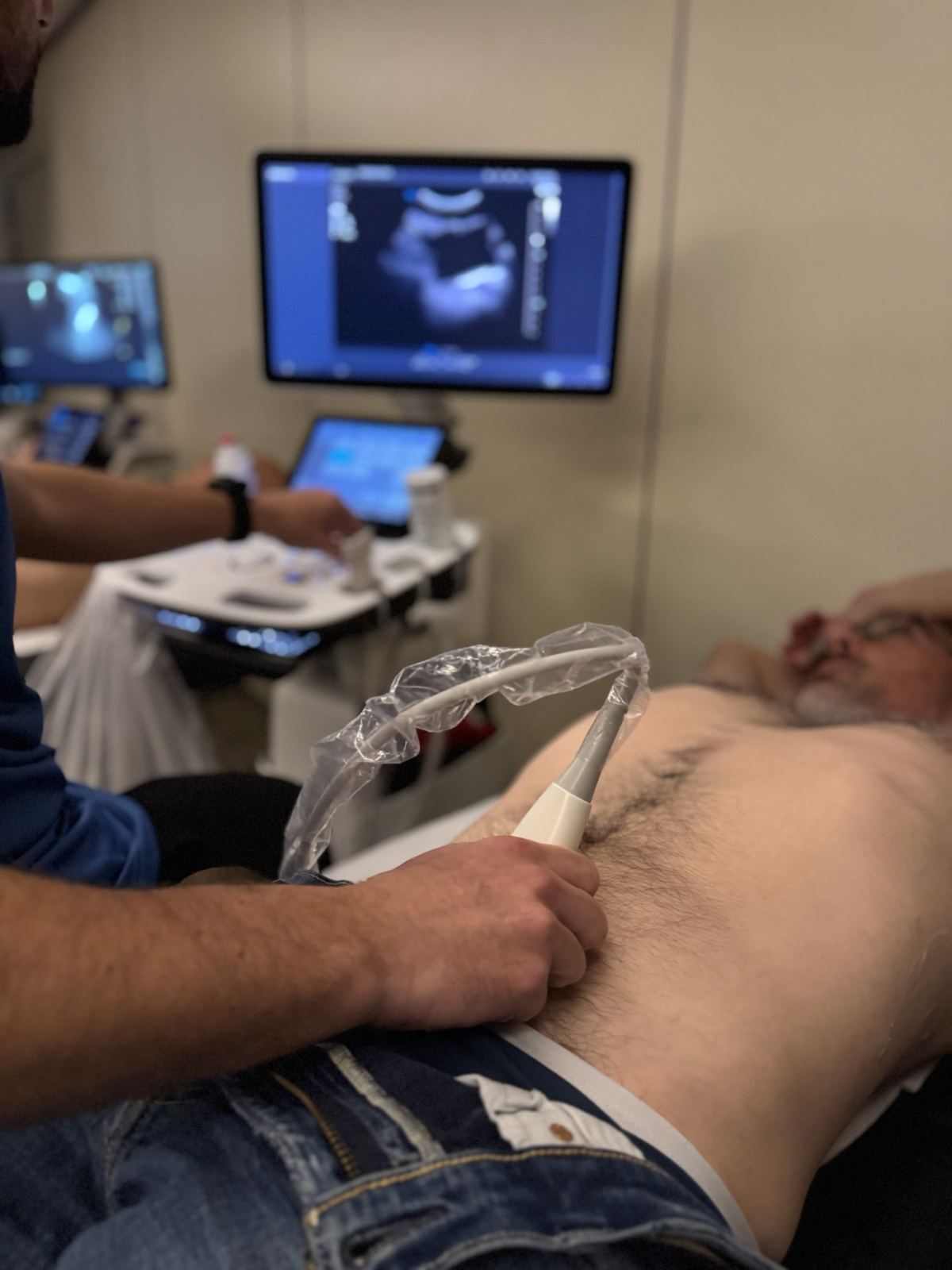 14 h. Systématique abdominale : foie, vésicule, reins, aorte. Chacun passe, repasse.