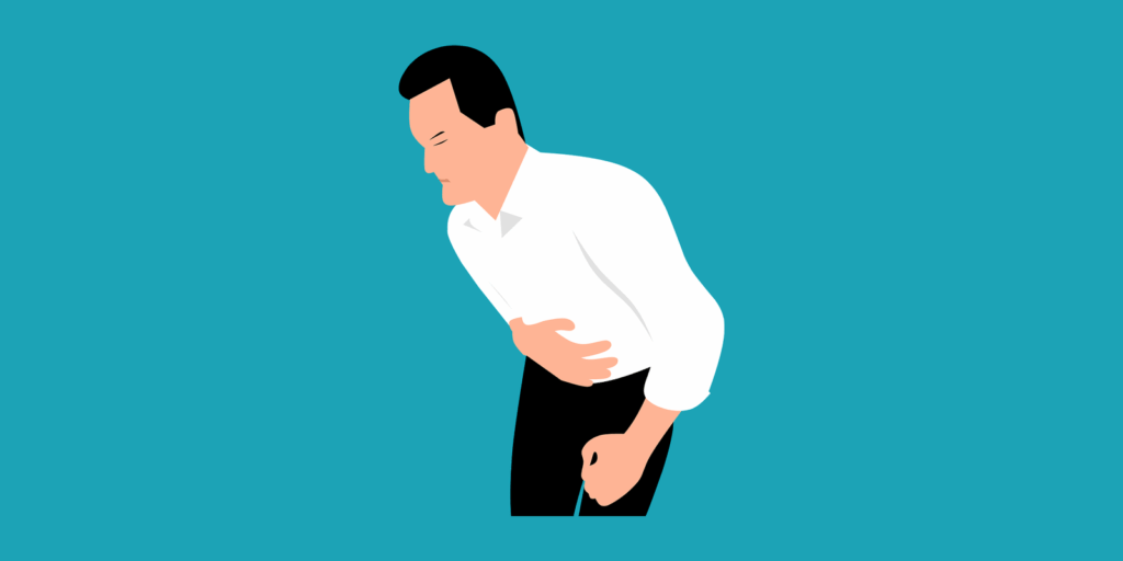Illustration d'un homme penché en avant, une main posée sur le ventre, sur fond turquoise