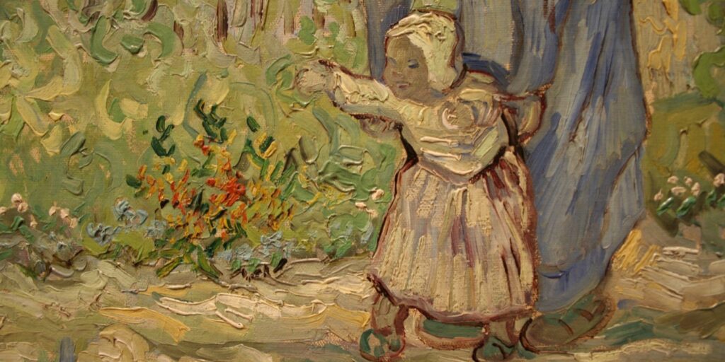 Détail des « Premiers pas » de Vincent van Gogh d'après Millet : un enfant s'avance, bras tendus, soutenu par sa mère
